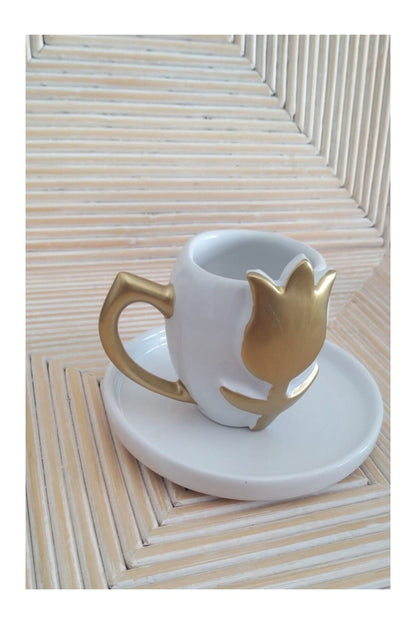 Seramik Gold Lale Desenli Kahve Fincanı BVAC00017