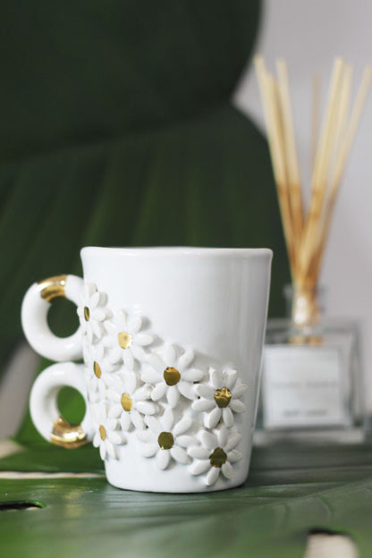 Seramik Altın Yaldızlı Çiçekli Gold Kupa Mug Beyaz