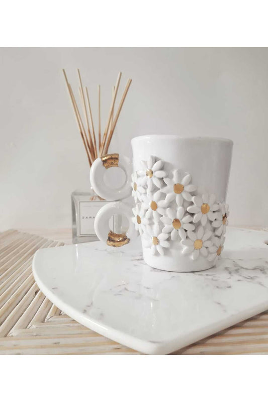 Seramik Altın Yaldızlı Çiçekli Gold Kupa Mug Beyaz