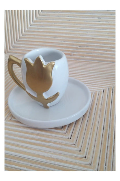 Seramik Gold Lale Desenli Kahve Fincanı BVAC00017