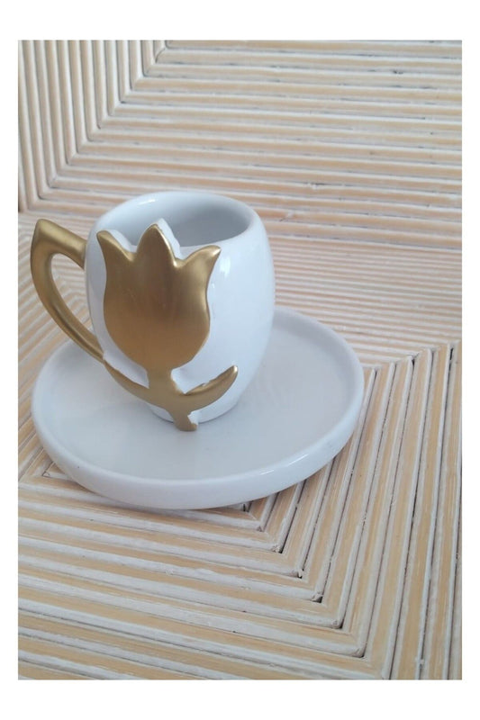 Seramik Gold Lale Desenli Kahve Fincanı BVAC00017
