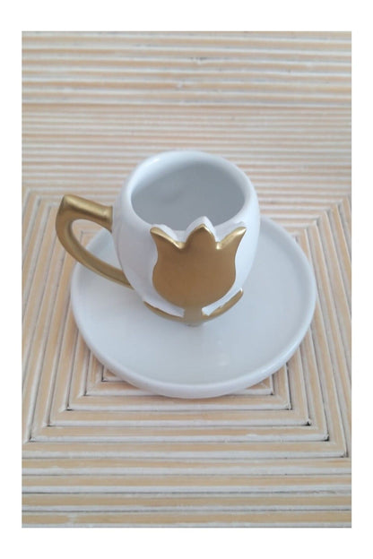 Seramik Gold Lale Desenli Kahve Fincanı BVAC00017