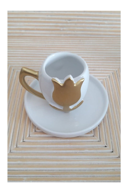 Seramik Gold Lale Desenli Kahve Fincanı BVAC00017